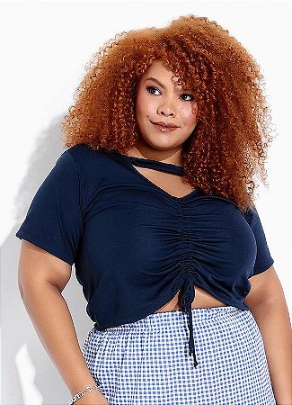 Blusa Cropped Feminina Marinho Recorte e Amarração Plus Size