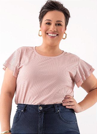 Blusa Feminina Malha Ribana Canelada Manga Babados Plus Size
