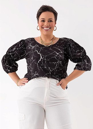 Blusa Feminina Manga 3/4 Bufante Estampa Abstrata Plus Size