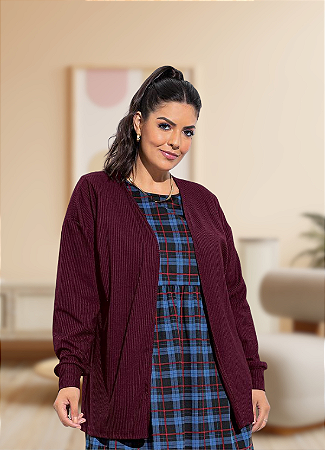 Cardigan Feminino Alongado em Ribana Canelada Plus Size