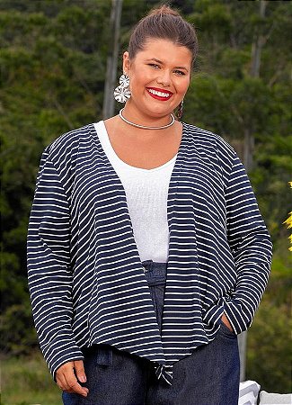 Cardigan Assimétrico em Malha Listrada Fio Tinto Plus Size