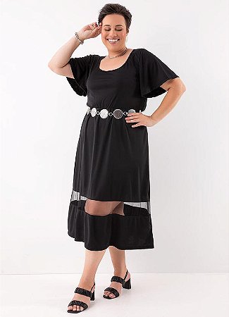 Vestido Feminino Festa Social Longuete Manga Evasê Plus Size