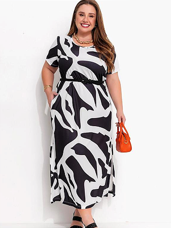 Vestido Feminino Longo Abstrato Plus Size em Jersey Acetinado