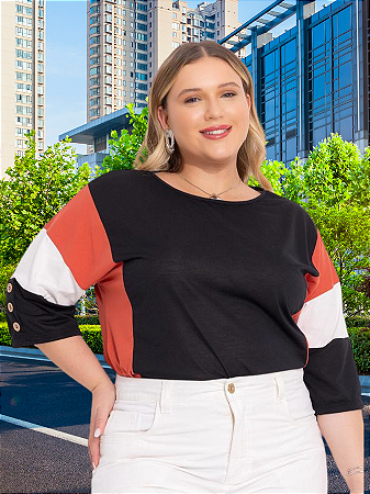 Blusa Feminina Soltinha Manga 3/4 Recorte Tricolor Plus Size