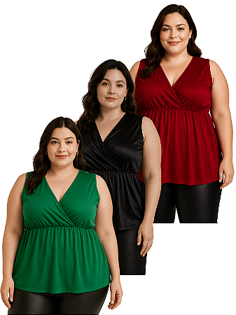 Kit 3 Blusas Femininas Transpassada Soltinhas Plus Size Sortidas