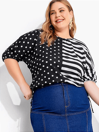 Blusa Feminina Listras e Poá e Amarração Lateral Plus Size
