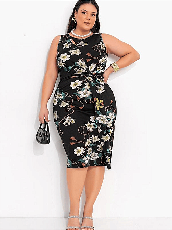 Vestido Feminino Social Midi Viscolycra Floral Plus Size