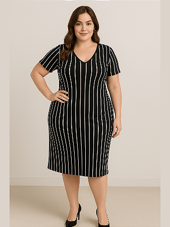 Vestido Feminino Midi em Malha Canelada com Elastano Plus Size