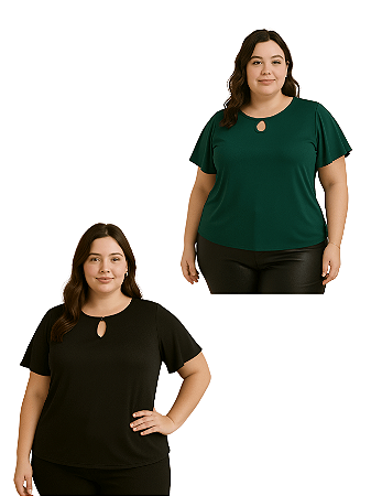 Kit com 2 Blusas Femininas Helanca Manga Ampla Plus Size Sortidas