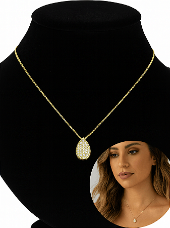 Colar Folheado Ouro 18 com Pingente Pingo Cravejado Micro Zircônia