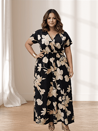 Vestido Feminino Longo Plus Size em Crepinho Transpassado e Acinturado