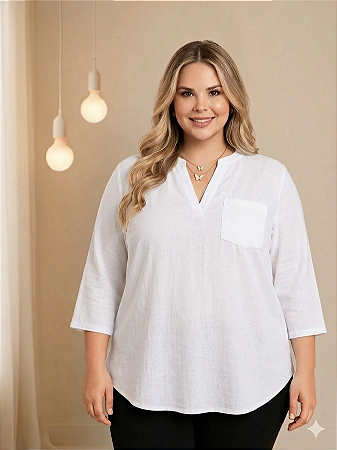 Camisa Feminina Branca Clássica Manga 3/4 em Viscolinho Plus Size