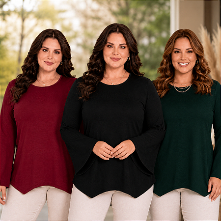 Kit 3 Blusas Plus Size Feminina Manga Longa Básica Inverno