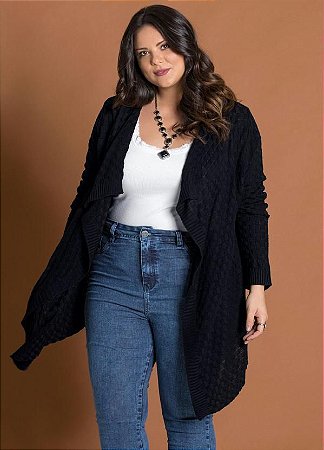 Cardigan Plus Size Tricot Assimétrico Preto