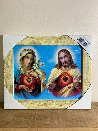 Quadro 20 x 25 moldura Marfim Sagrado Coração de Jesus e Imaculado Coração de Maria