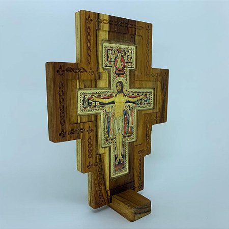 Cruz São Damião entalhada em madeira nobre 25cm