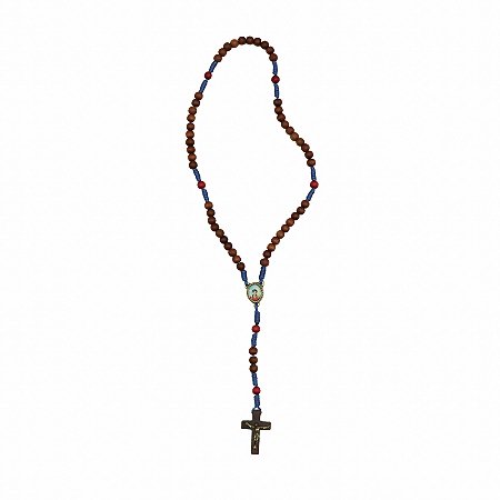 Terço madeira canela cordão azul 6mm Pai Nosso vermelho Carlo Acutis