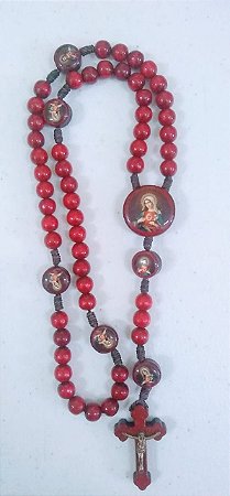 Terço madeira vermelho cordão 8mm Sagrado Coração de Jesus/Maria (2944)