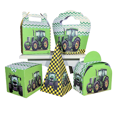 20 Caixinhas Tema Trator Construção Verde Sem Personalização