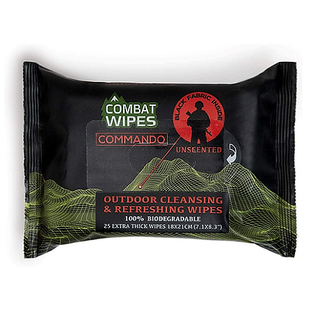 Combat Wipes COMMANDO - Toalhetes Umedecidos de Camuflagem Preta Sem Perfume - Panos de Limpeza Grossos, Biodegradáveis ​​e Resistentes para Camping, Militar, caça e mochila com Aloe Vera e vitamina E