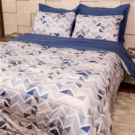 Edredom Cama Casal Chevron Tri Azul Fio Penteado 100 Algodao