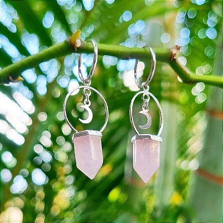 Brinco Argola com Pingente Meia Lua em Prata 925 e Quartzo Rosa