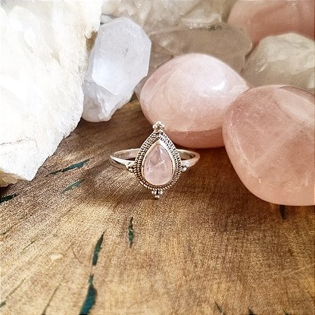 Anel Bali Gota em Prata 925 e Quartzo Rosa