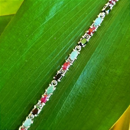 Pulseira em Prata 925, Rubi, Safira, Esmeralda e Marcassita