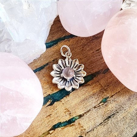 Pingente Flor em Prata 925 e Quartzo Rosa