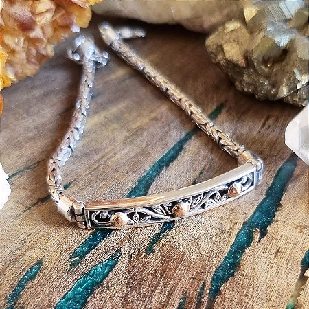 Pulseira Ponto Peruano com Placa em Prata 925 e Aplique em Ouro 18k