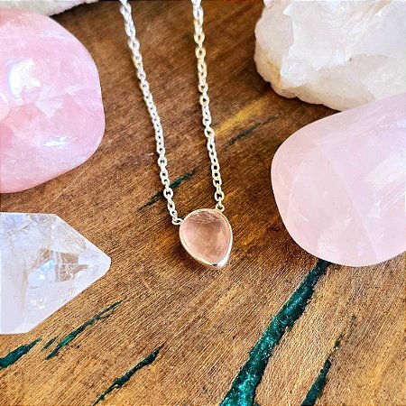Corrente com Pingente Gota em Prata 925 e Quartzo Rosa
