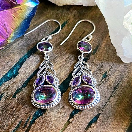 Brinco Folha em Prata 925, Topázio Místico e Ametista