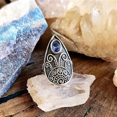 Anel Gota Boho em Prata 925 e Zircônia Água Marinha