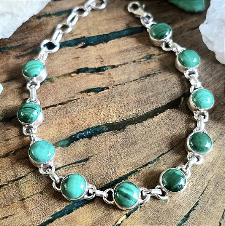Pulseira Redonda em Prata 925 e Malaquita