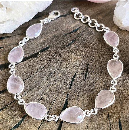 Pulseira Gota em Prata 925 e Quartzo Rosa