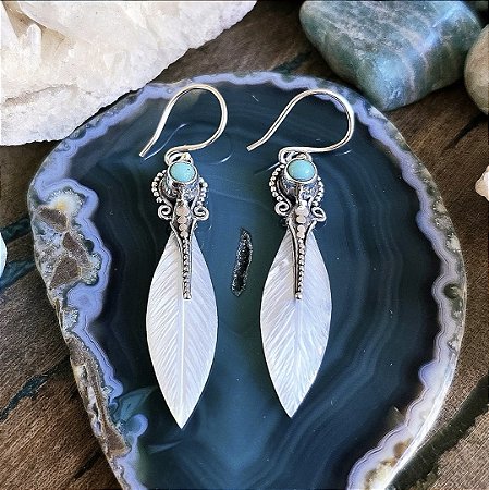Brinco Boho Folha em Prata 925, Madrepérola e Turquesa Sintética