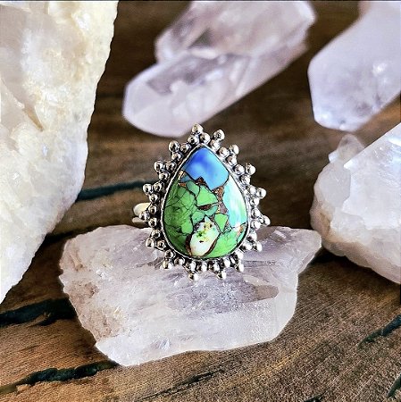 Anel Boho Gota em Prata 925 e Turquesa Ostra
