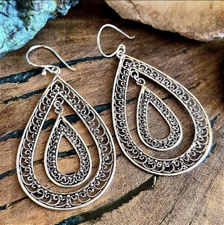 Brinco Gota Filigrana em Prata 925