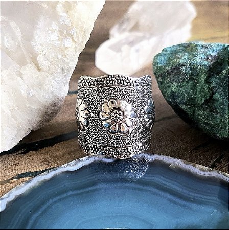 Anel Boho Flores Aberto em Prata 925