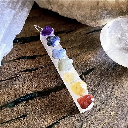 Pingente Chakras em Prata 925, Selenita e Pedras Naturais