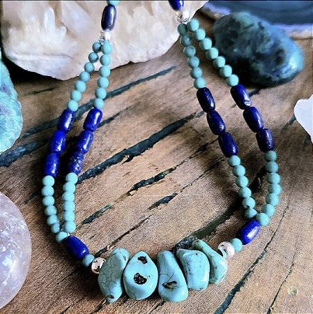 Colar em Prata 925, Lápis Lazuli e Turquesa Natural