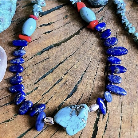 Colar em Prata 925, Lápis Lazuli, Turquesa e Coral Naturais