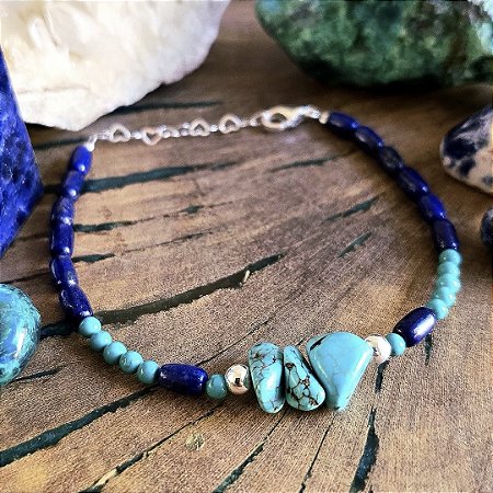 Pulseira em Prata 925, Lápis Lazuli e Turquesa Natural