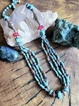 Colar Boho em Alpaca, Turquesa, Coral e Lápis Lazuli