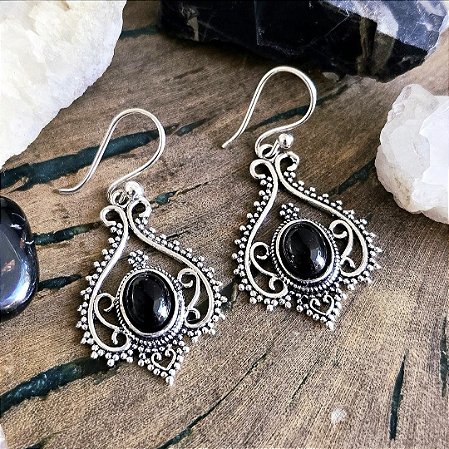 Brinco Boho em Alpaca e Ônix (Gancho em Prata 925)