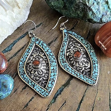 Brinco Boho em Alpaca, Turquesa e Coral Naturais (Gancho em Prata 925)