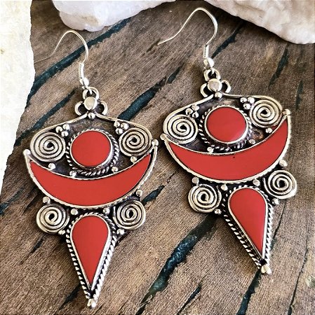 Brinco Boho Grande em Alpaca e Coral Sintético (Gancho em Prata 925)