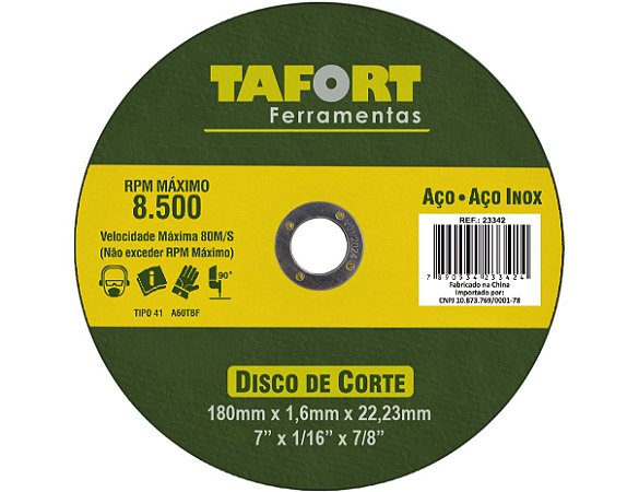 Disco De Corte 7" Para Aço/Inox 180X1.6X22mm T41 - TAFORT