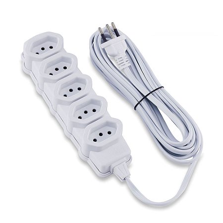 Extensão 5 Tomadas 2P+T 10A 5M  Slim Branca - FORCE LINE