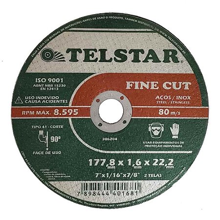 Disco de Corte para Aço Inox 7" 177,8x1,6x22,2mm 2T - TELSTAR